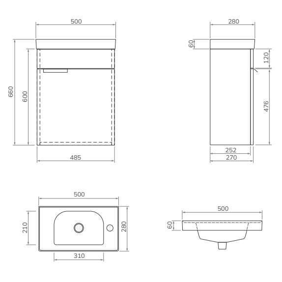 Sonas Stockholm 500mm 1 Door Cloakroom Wall Hung Vanity