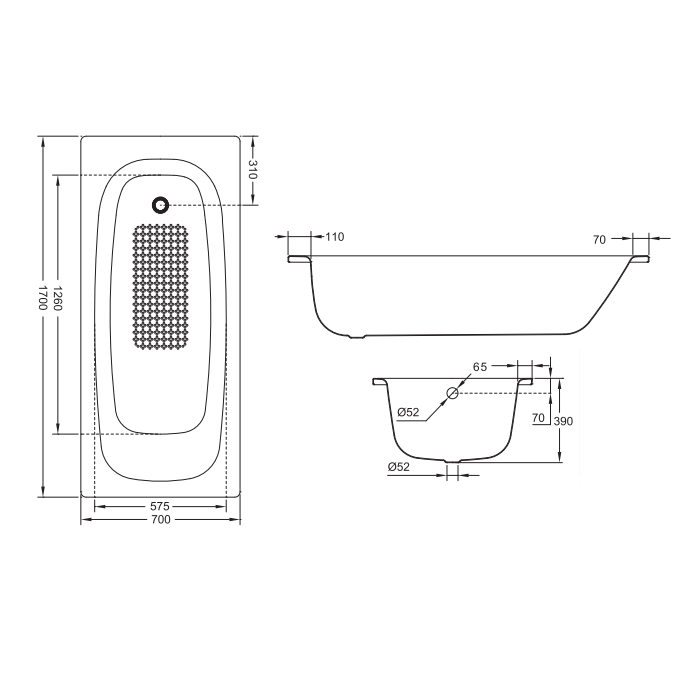 Sonas Strata Anti Slip Single Ended Steel Bath - Standard