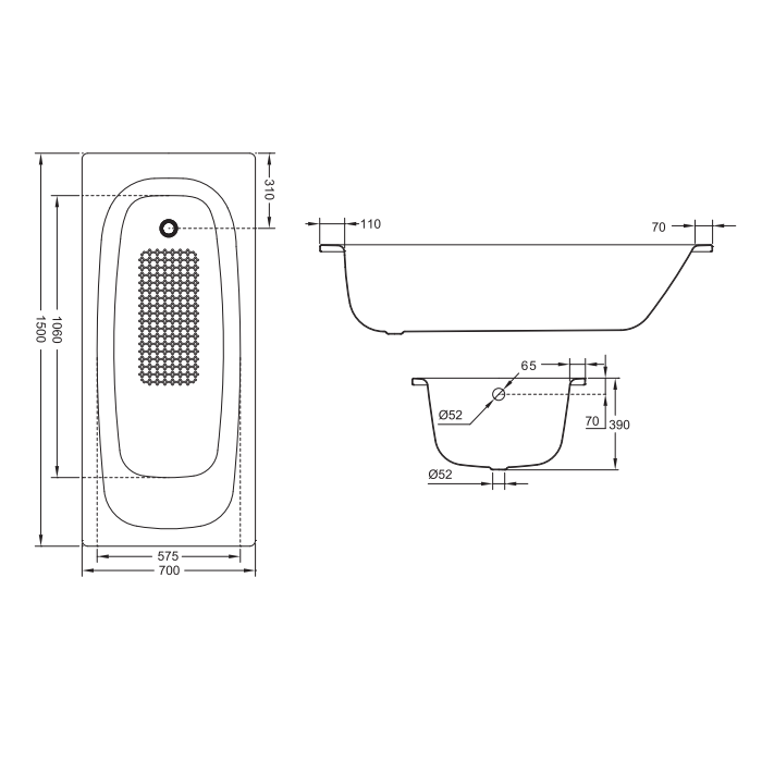 Sonas Strata Anti Slip Single Ended Steel Bath - Standard