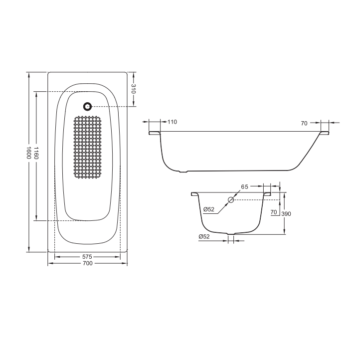 Sonas Strata Anti Slip Single Ended Steel Bath - Standard