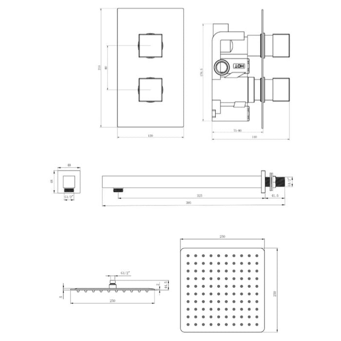 Tailored 1 Outlet 2 Handle Square Concealed Thermostatic Shower Valve with Wall Kit - Chrome