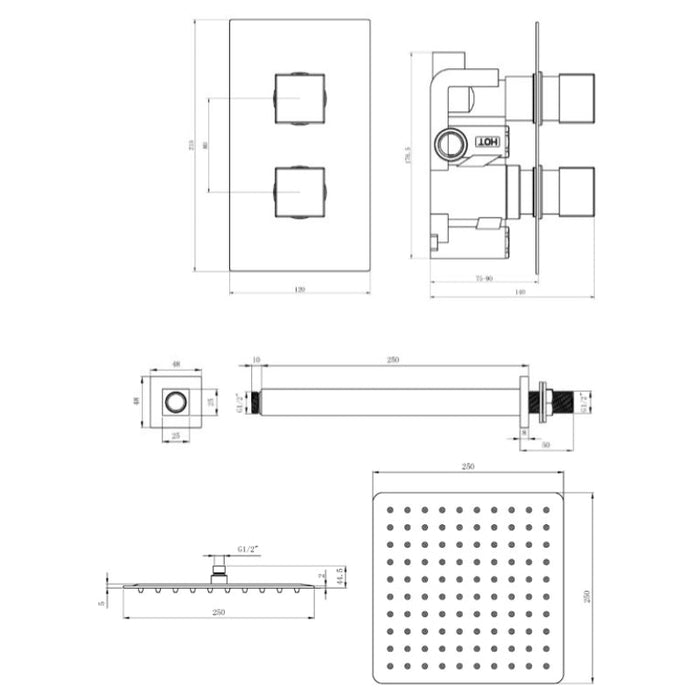 Tailored 1 Outlet 2 Handle Square Concealed Thermostatic Shower Valve with Ceiling Kit - Chrome