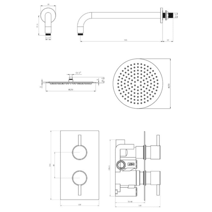 Tailored 1 Outlet 2 Handle Round Concealed Thermostatic Shower Valve with Wall Kit - Chrome