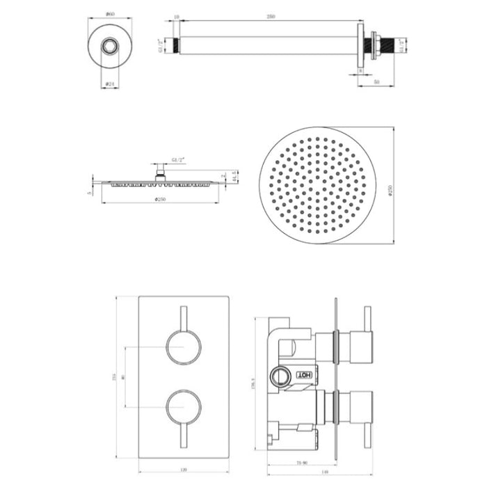 Tailored 1 Outlet 2 Handle Round Concealed Thermostatic Shower Valve with Ceiling Kit - Chrome