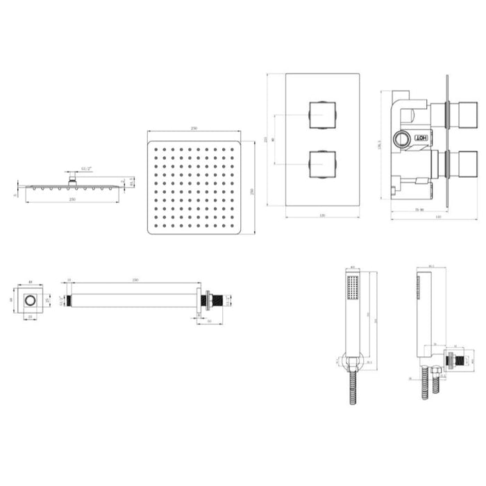 Tailored 2 Outlet 2 Handle Square Concealed Thermostatic Shower Valve with Ceiling Kit - Chrome