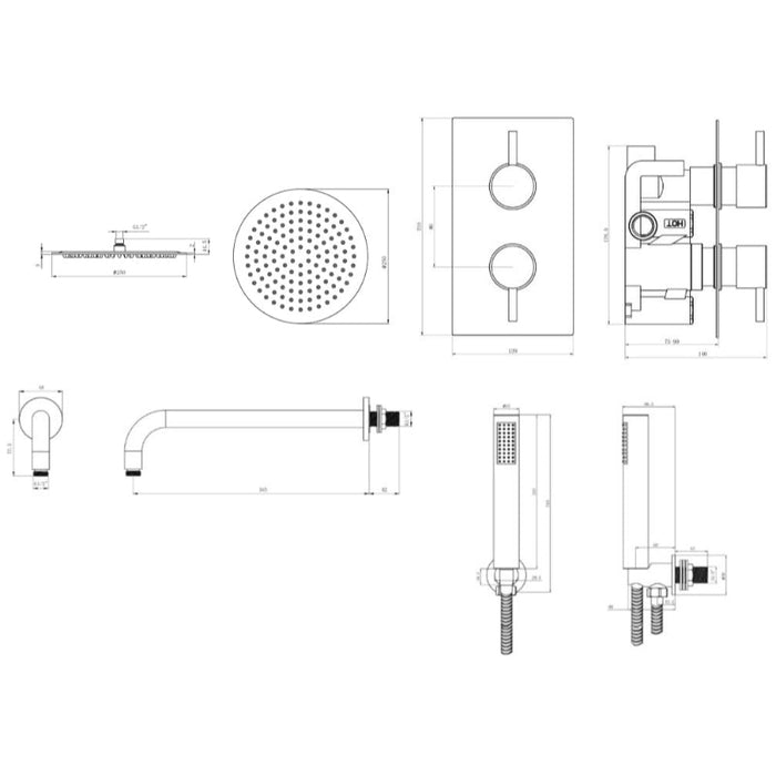 Tailored 2 Outlet 2 Handle Round Concealed Thermostatic Shower Valve with Wall Kit - Chrome