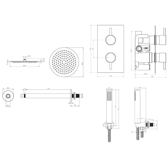 Tailored 2 Outlet 2 Handle Round Concealed Thermostatic Shower Valve with Ceiling Kit - Chrome
