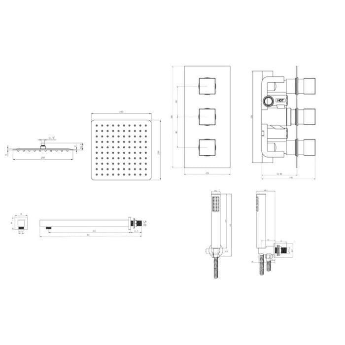 Tailored 2 Outlet 3 Handle Square Concealed Thermostatic Shower Valve with Wall Kit - Chrome