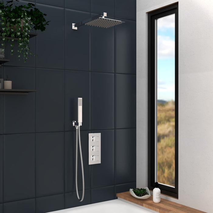 Tailored 2 Outlet 3 Handle Square Concealed Thermostatic Shower Valve with Wall Kit - Chrome