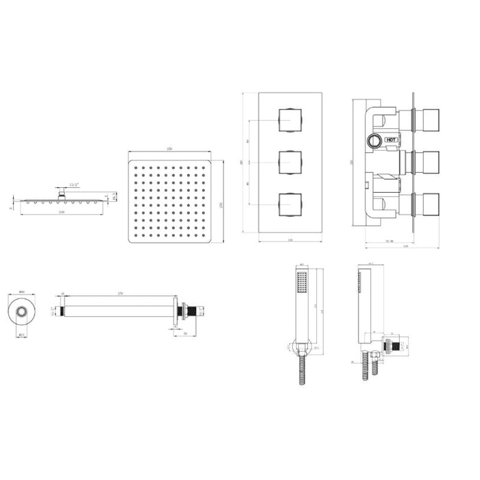 Tailored 2 Outlet 3 Handle Square Concealed Thermostatic Shower Valve with Ceiling Kit - Chrome