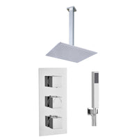 Tailored 2 Outlet 3 Handle Square Concealed Thermostatic Shower Valve with Ceiling Kit - Chrome
