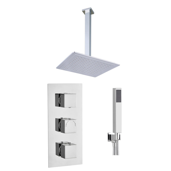 Tailored 2 Outlet 3 Handle Square Concealed Thermostatic Shower Valve with Ceiling Kit - Chrome