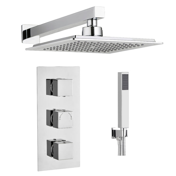 Tailored 2 Outlet 3 Handle Square Concealed Thermostatic Shower Valve with Wall Kit - Chrome