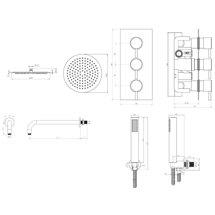 Tailored 2 Outlet 3 Handle Round Concealed Thermostatic Shower Valve with Wall Kit - Chrome