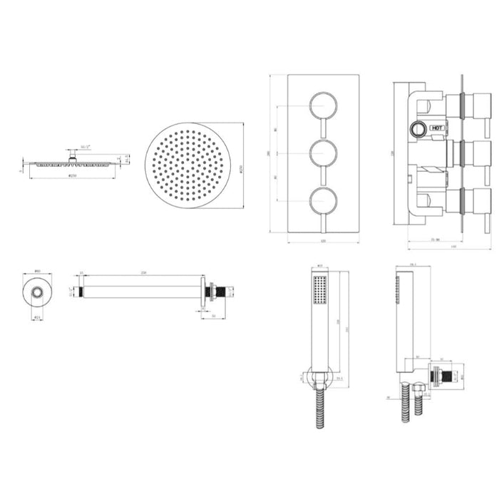 Tailored 2 Outlet 3 Handle Round Concealed Thermostatic Shower Valve with Ceiling Kit - Chrome