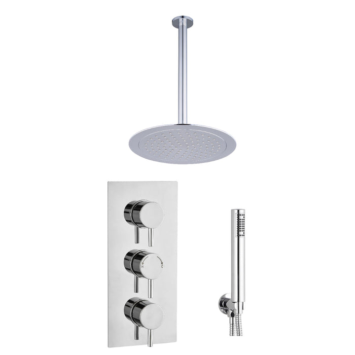 Tailored 2 Outlet 3 Handle Round Concealed Thermostatic Shower Valve with Ceiling Kit - Chrome