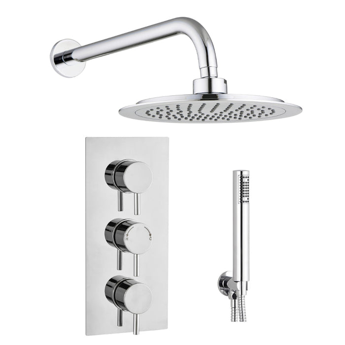 Tailored 2 Outlet 3 Handle Round Concealed Thermostatic Shower Valve with Wall Kit - Chrome