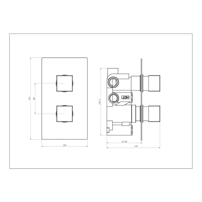 Tailored 2 Outlet 2 Handle Square Concealed Thermostatic Shower Valve