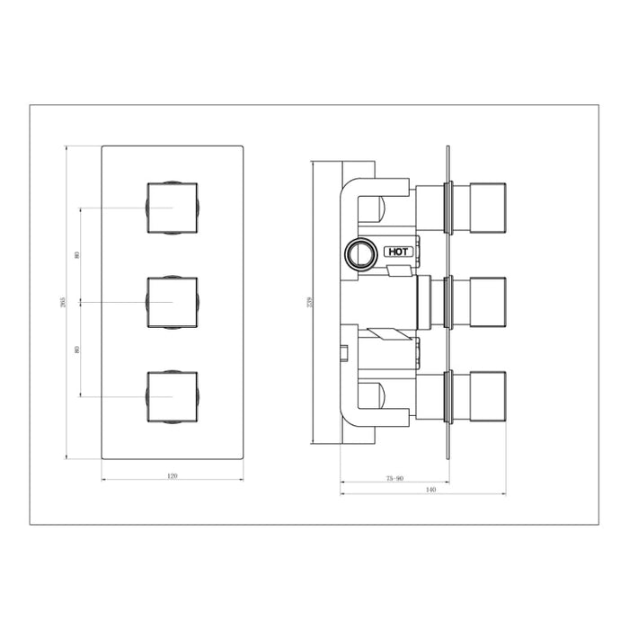 Tailored 2 Outlet 3 Handle Square Concealed Thermostatic Shower Valve