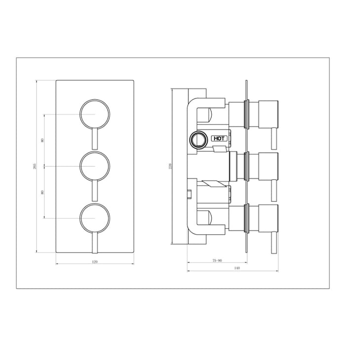 Tailored 3 Outlet 3 Handle Round Concealed Thermostatic Shower Valve - Chrome