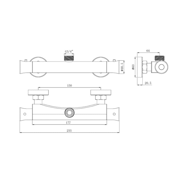 Tailored Thermostatic Bath Shower Mixer Valve with Top Outlet - Chrome