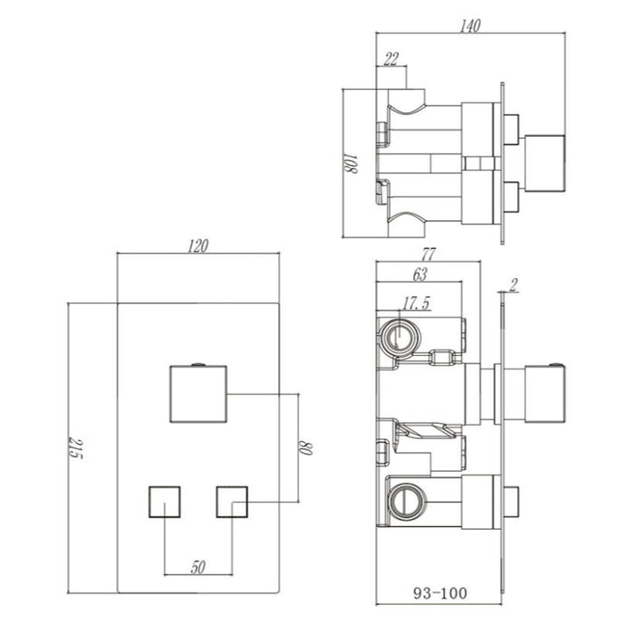 Tailored 2 Outlet Square Twin Push Button Concealed Thermostatic Shower Valve - Chrome