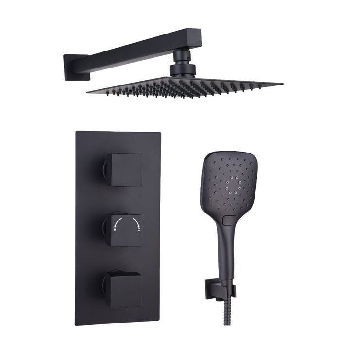 Tailored 2 Outlet 3 Handle Square Concealed Thermostatic Shower Valve Wall Kit - Orca Black