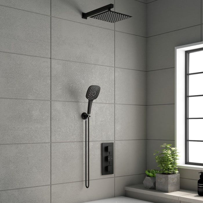 Tailored 2 Outlet 3 Handle Round Concealed Thermostatic Shower Valve Wall Kit - Orca Black