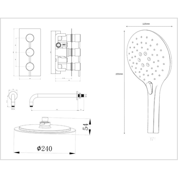 Tailored 2 Outlet 3 Handle Round Concealed Thermostatic Shower Valve Wall Kit - Orca Black
