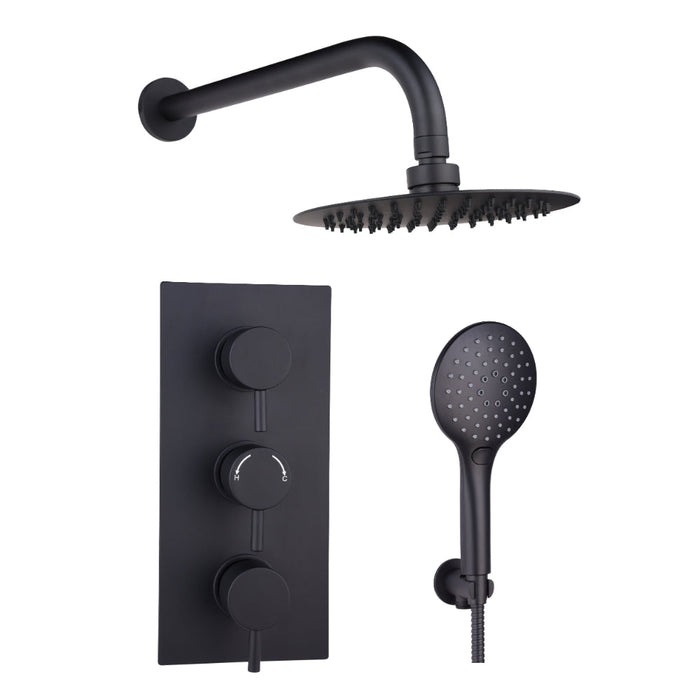 Tailored 2 Outlet 3 Handle Round Concealed Thermostatic Shower Valve Wall Kit - Orca Black