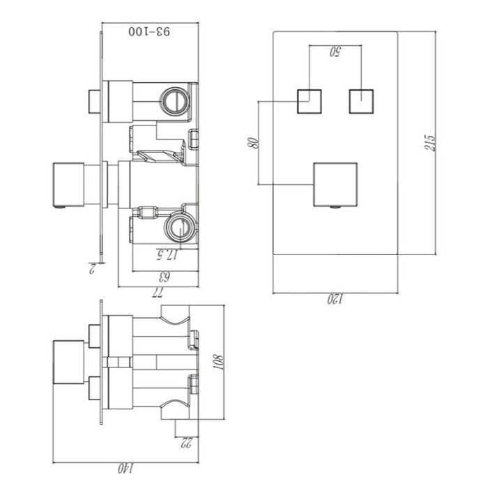 Tailored 2 Outlet Square Twin Push Button Concealed Overhead Shower Kit - Chrome