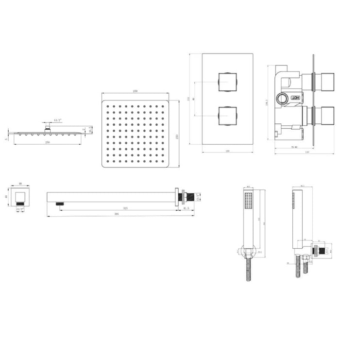 Tailored 2 Outlet 2 Handle Square Concealed Thermostatic Shower Valve Wall Kit - Orca Black