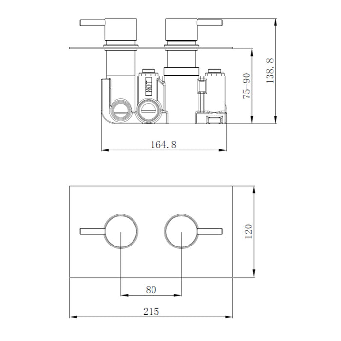 Tailored 2 Outlet 2 Handle Round Concealed Thermostatic Shower Valve Wall Kit - Orca Black