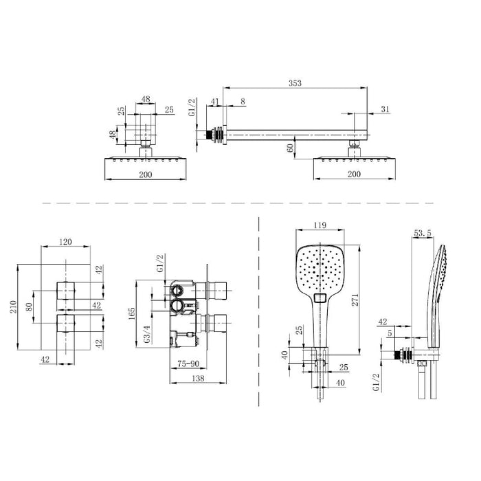 Tailored 2 Outlet 2 Handle Square Concealed Thermostatic Shower Kit