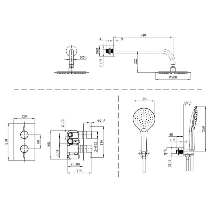 Tailored 2 Outlet 2 Handle Round Concealed Thermostatic Shower Kit