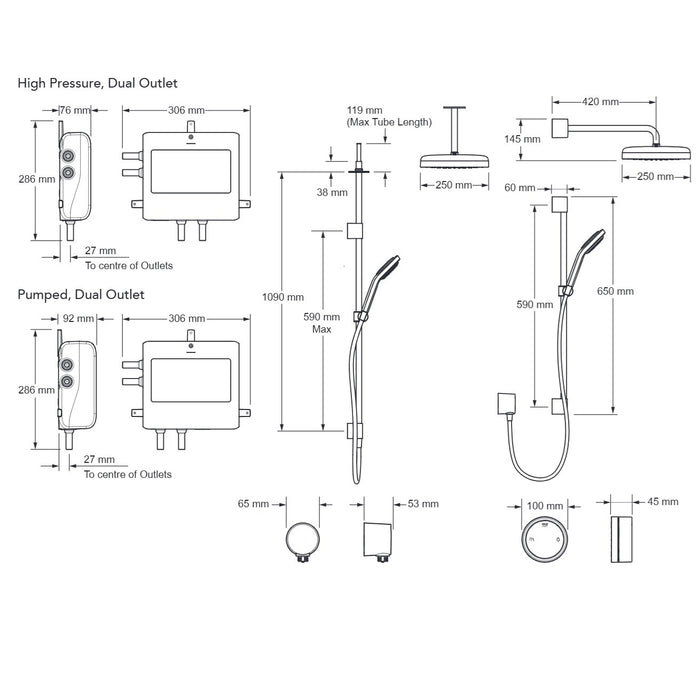 Mira Platinum Dual Outlet Ceiling Fed Smart Digital Shower - High Pressure/Combi - Black/Chrome