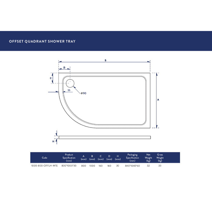 Scudo Riva Offset Quadrant Shower Tray with Waste - White