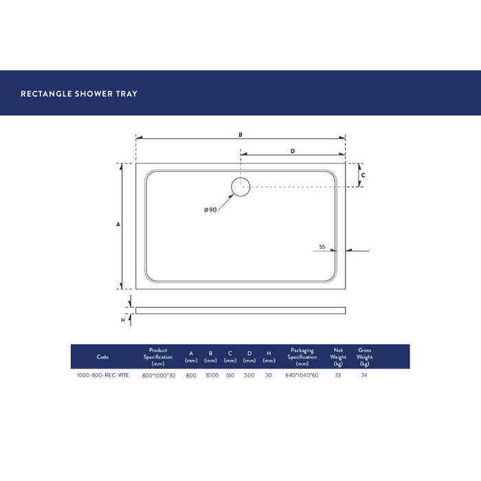 Scudo Riva Rectangular Shower Tray with Waste - White