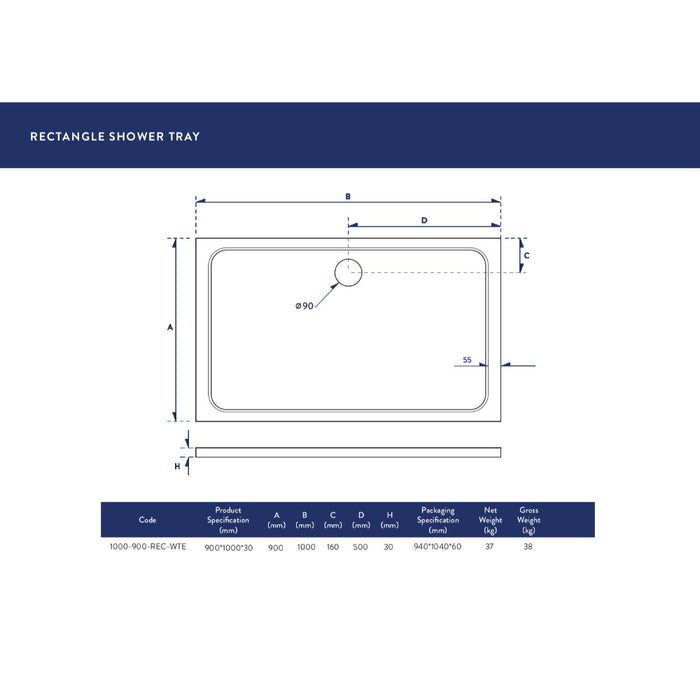 Scudo Riva Rectangular Shower Tray with Waste - White