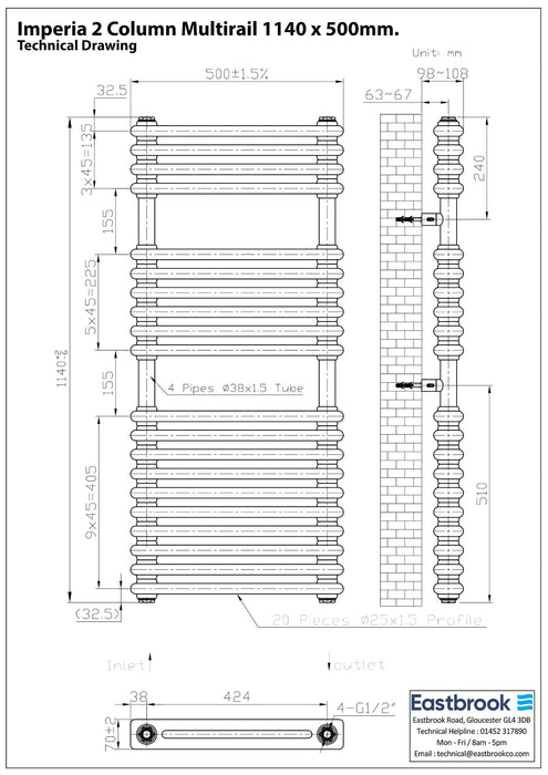 Eastbrook Imperia Vertical Multirail 2 Column Radiator - Matt Anthracite