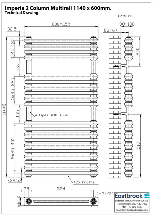 Eastbrook Imperia Vertical Multirail 2 Column Radiator - Matt Anthracite