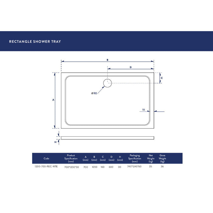 Scudo Riva Rectangular Shower Tray with Waste - White