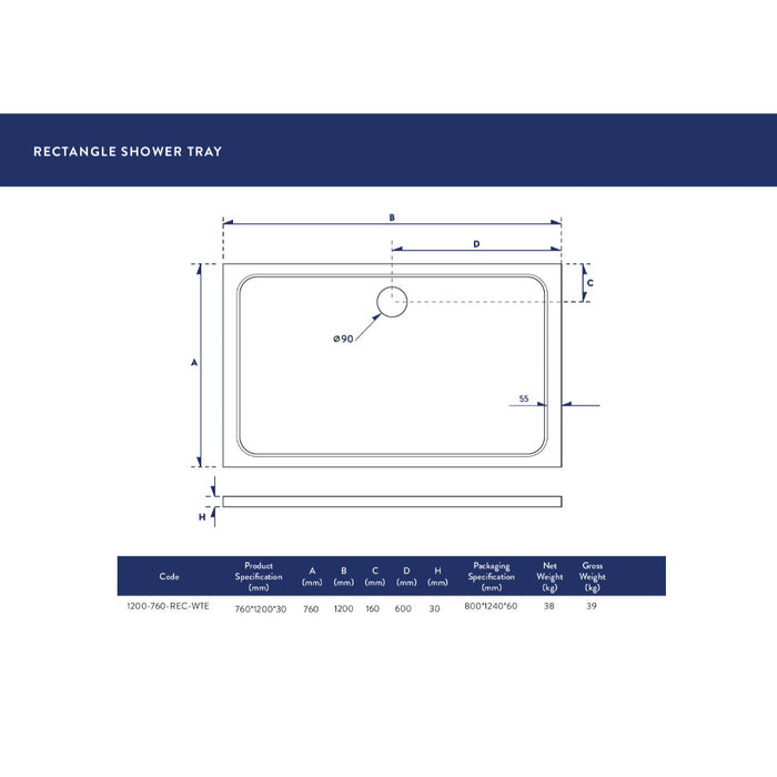 Scudo Riva Rectangular Shower Tray with Waste - White