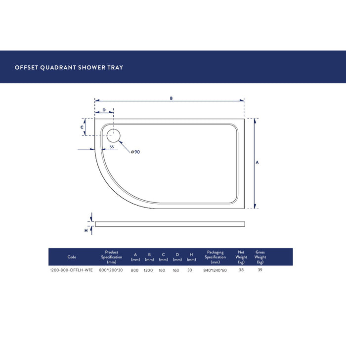 Scudo Riva Offset Quadrant Shower Tray with Waste - White