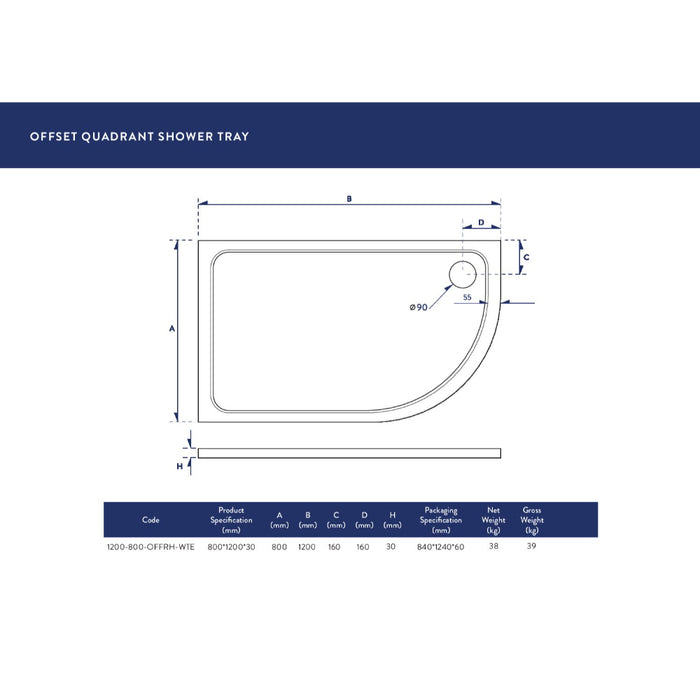 Scudo Riva Offset Quadrant Shower Tray with Waste - White