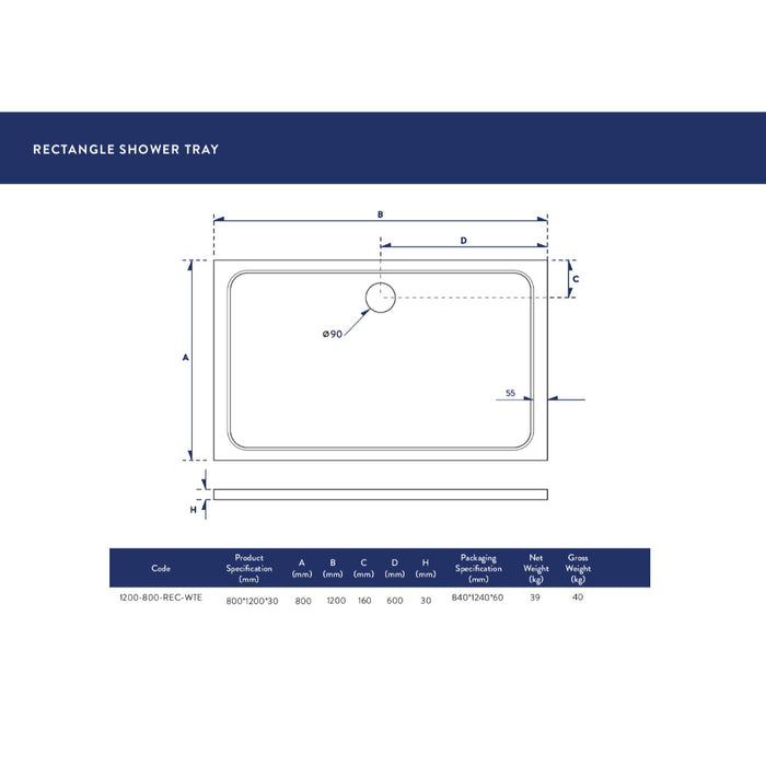 Scudo Riva Rectangular Shower Tray with Waste - White