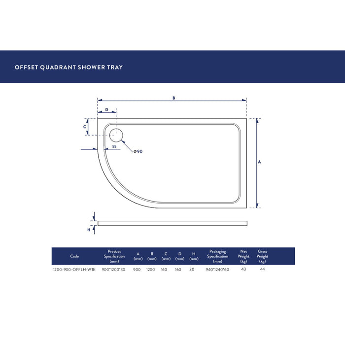 Scudo Riva Offset Quadrant Shower Tray with Waste - White