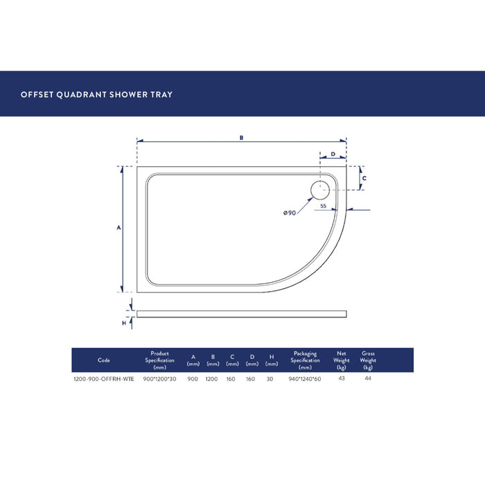Scudo Riva Offset Quadrant Shower Tray with Waste - White