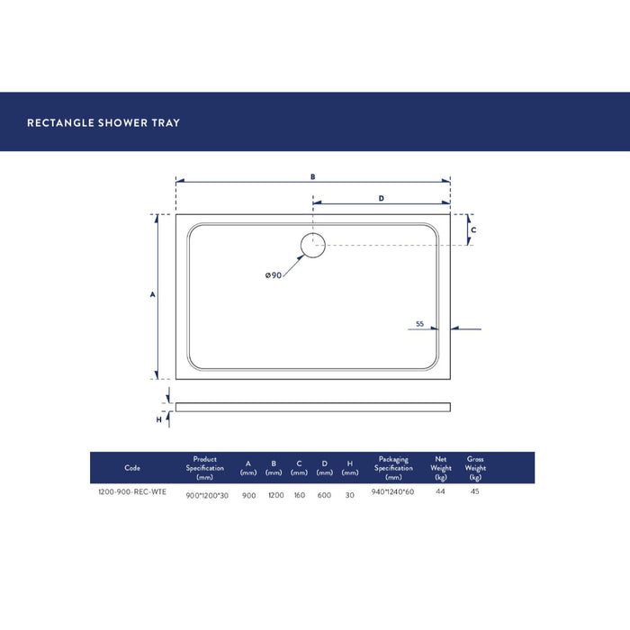 Scudo Riva Rectangular Shower Tray with Waste - White