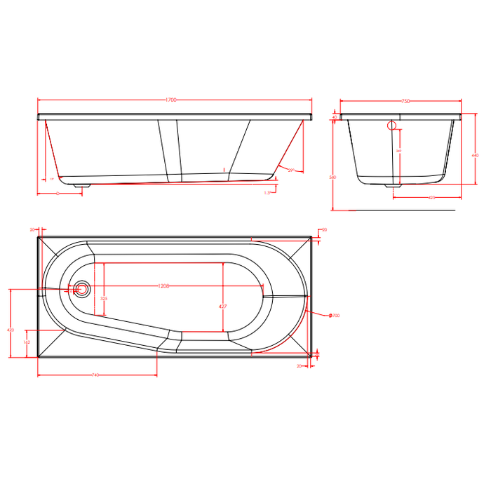 Eastbrook Fitzroy Rectangular Single Ended Bath - 1700mm x 750mm - No Tap Holes - White